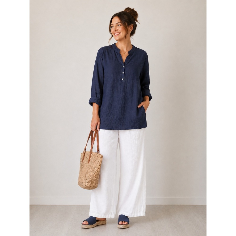 MILIO MILANO 100% Linen Henley Tunic Top Pop Over Made in Italy Navy Blue Sz M